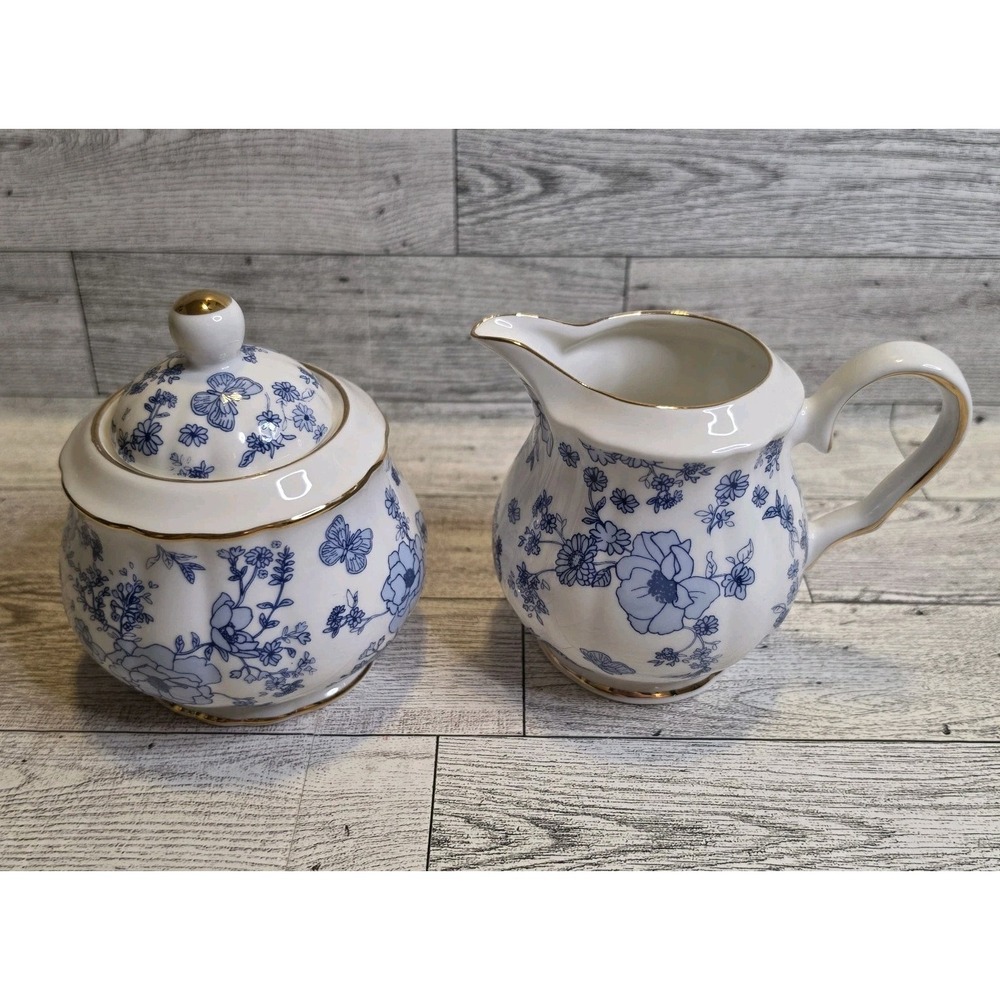 Grace Teaware Blue & White Butterflies And Floral Sugar & Creamer